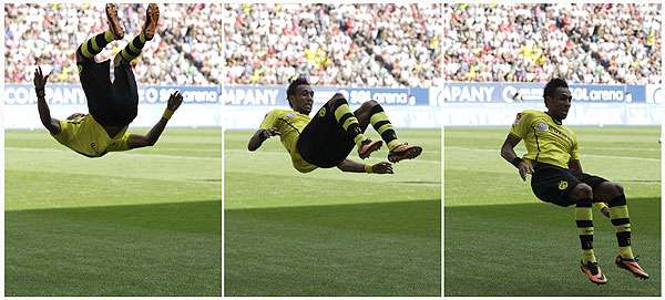 Aubameyang marcou três vezes e deixou ótima impressão nos torcedores alemães (REUTERS/Michaela Rehle )