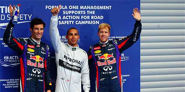 Hamilton terá a companhia de Vettel na primeira fila do grid e de Webber na terceira colocação (AFP PHOTO / TOM GANDOLFINI )