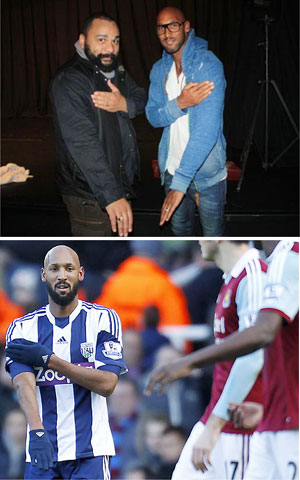 Anelka e o controverso Dieudonné M'bala M'bala (acima). No West Bromwich, atacante comemora  com gesto La Quenelle contra o West Ham (Reprodução)