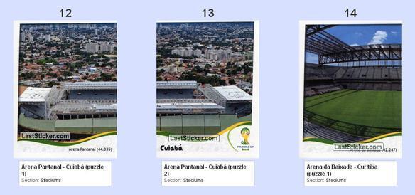 Todas as figurinhas do lbum da Copa do Mundo - Duas figurinhas da Arena Pantanal e primeira parte da Arena da Baixada (em ordem)