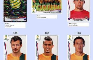 Todas as figurinhas do lbum da Copa do Mundo - Emblema da Seleo Australiana, Seleo Australiana perfilada, Mathew Ryan, Lucas Neill, Jason Davidson e Mark Milligan