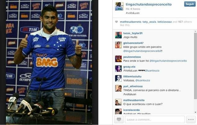 Representados por Dedé, Tinga, Mayke, Everton Ribeiro, Marlone e Neílton, jogadores do Cruzeiro manifestaram intenção de ter Luan no elenco novamente