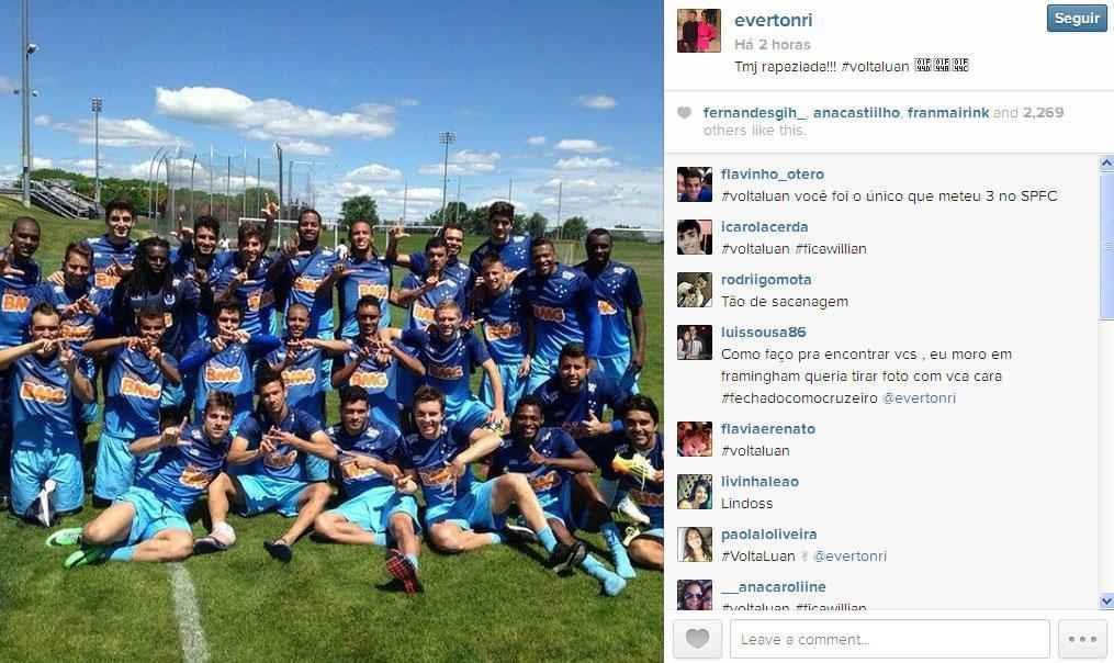 Representados por Ded, Tinga, Mayke, Everton Ribeiro, Marlone e Nelton, jogadores do Cruzeiro manifestaram inteno de ter Luan no elenco novamente