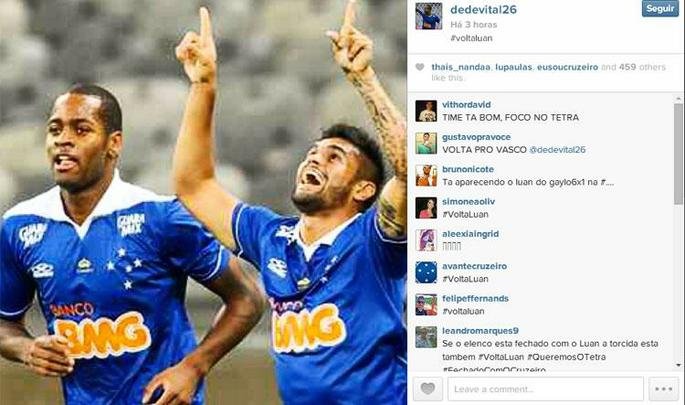 Representados por Dedé, Tinga, Mayke, Everton Ribeiro, Marlone e Neílton, jogadores do Cruzeiro manifestação intenção de ter Luan no elenco novamente