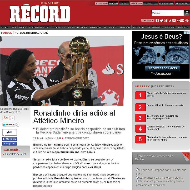 O mexicano 'Rcord' disse que Ronaldinho deu adeus ao Atltico
