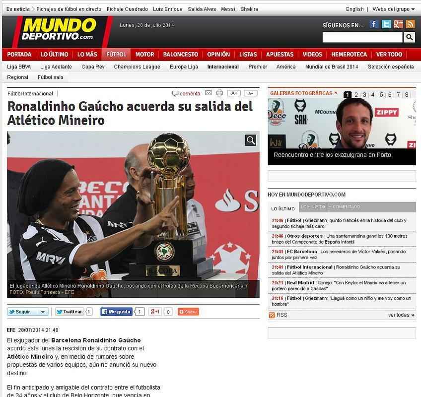 O espanhol 'Mundo Deportivo' noticia o acordo entre Atltico e R10 para a resciso