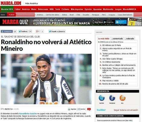 Ronaldinho não voltará ao Atlético, afirma o espanhol 'Marca'