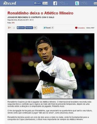 Ronaldinho deixa o Atlético, noticia o português 'Record'