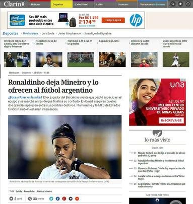 Clarín noticiou a possibilidade de Ronaldinho aparecer como novidade na Argentina