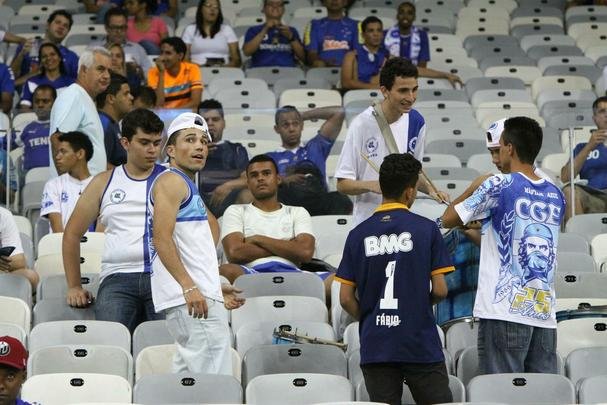 Punidas pelo Ministrio Pblico com banimento dos estdios brasileiros por seis meses por conta dos episdios de violncia ocorridos no clssico contra o Atltico, as torcidas Pavilho Independente e Mfia Azul levaram faixas e bandeiras ao Mineiro nesta quarta-feira, durante jogo contra o ABC de Natal, pela Copa do Brasil. A punio deve comear a ser cumprida na sexta-feira, vspera da partida contra o Inter pelo Campeonato Brasileiro. Os integrantes das faces estaro proibidos de frequentar estdios e seus arredores, num raio de cinco quilmetros, nos dias de jogos. No ser permitido o acesso de pessoas com vestimentas, faixas, bandeiras ou bons alusivos s agremiaes. A medida educativa se estende aos cinco prximos clssicos.
