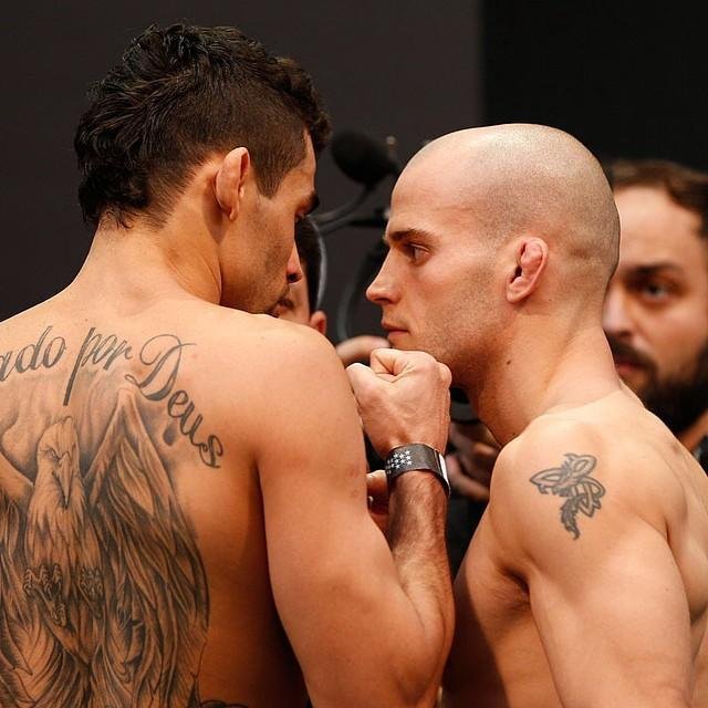 Imagens da pesagem do UFC Fight Night 58, em Barueri - Renan Baro e Mitch Gagnon