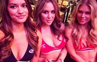 Da direita para a esquerda: octagon girls Vanessa Hanson, Brittney Palmer e Chrissy Blair marcam presena no UFC em Las Vegas