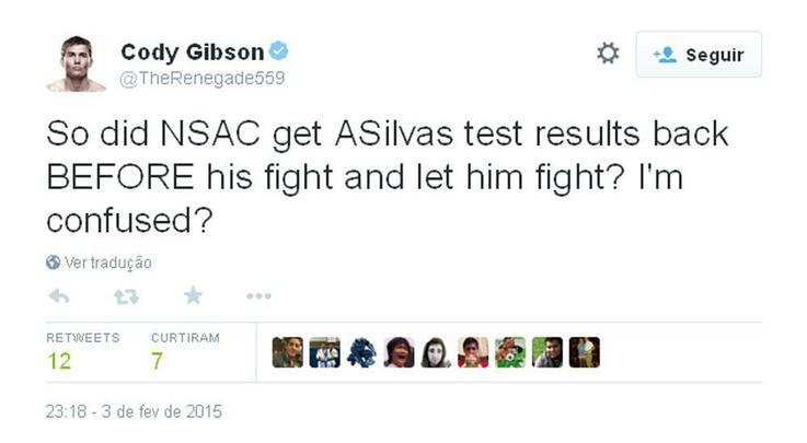 Cody Gibson: 'Então, a Comissão Atlética de Nevada tinha os resultados dos testes de A. Silva antes da luta e o deixou lutar? Estou confuso?'