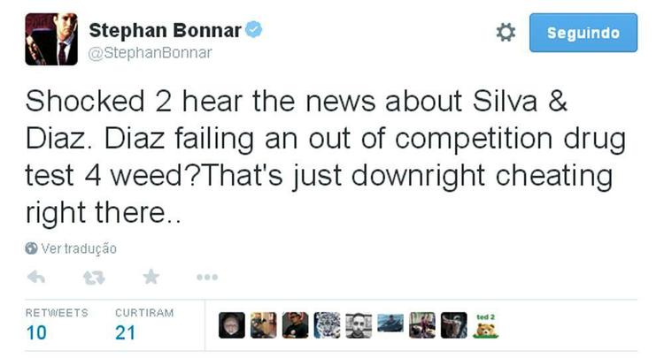 Stephan Bonnar: 'Chocado por ouvir a notcia sobre Silva e Diaz. Diaz foi pego em um teste por usar erva? Francamente, isso  trapaa...'