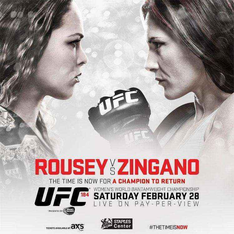 A prxima disputa de cinturo do UFC ser em 28 de fevereiro. Ronda Rousey defende o cinturo do peso galo pela quinta vez, contra Cat Zingano, no UFC 184, em Los Angeles 