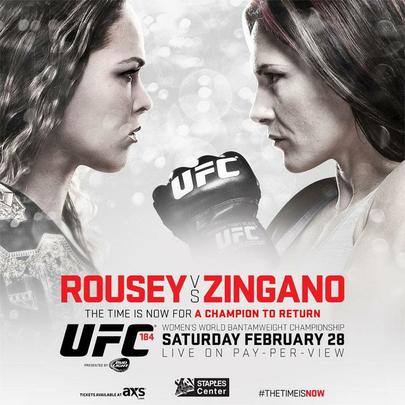 A prxima disputa de cinturo do UFC ser em 28 de fevereiro. Ronda Rousey defende o cinturo do peso galo pela quinta vez, contra Cat Zingano, no UFC 184, em Los Angeles 