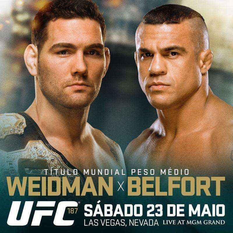 Na luta coprincipal da noite do UFC 187, Chris Weidman e Vitor Belfort lutam pelo ttulo do peso mdio, em duelo adiado em outras trs oportunidades. O americano ter a terceira defesa do cinturo que tomou de Anderson Silva, em dezembro de 2013