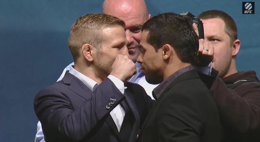 Fotos da super coletiva do UFC em Los Angeles - TJ Dillashaw x Renan Baro, que se enfrentam pelo cinturo dos galos