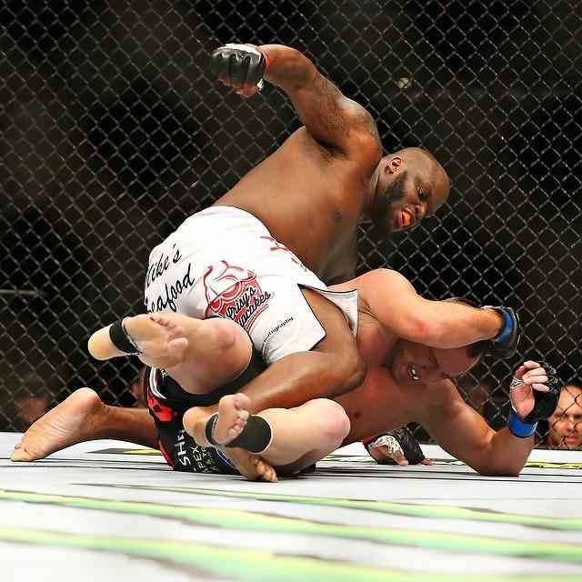 Imagens das lutas e bastidores do UFC 184, em Los Angeles - Derrick Lewis (bermuda branca) venceu Ruan Potts por nocaute tcnico aos 3m18s do segundo round