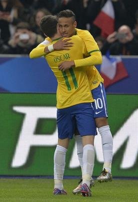 Imagens do jogo amistoso entre França e Brasil no Stade de France - na foto, comemoração do gol de Neymar