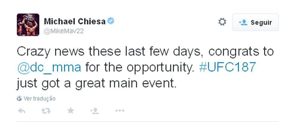Michael Chiesa, peso-leve do UFC: 'Notcias loucas nesses ltimos dias, parabns ao Daniel Cormier pela oportunidade. UFC 187 ganhou um grande evento principal'