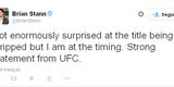Brian Stann, ex-lutador e atual comentarista do UFC: 'No estou muito surpreso que o ttulo foi cassado, mas estou surpreso com o tempo. Mensagem forte do UFC'