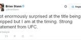 Brian Stann, ex-lutador e atual comentarista do UFC: 'N�o estou muito surpreso que o t�tulo foi cassado, mas estou surpreso com o tempo. Mensagem forte do UFC'