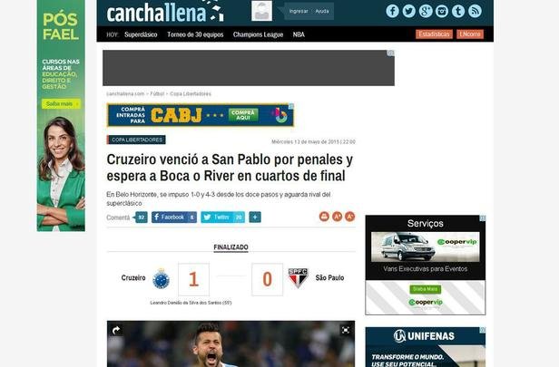 Caderno CanchaLlena, do jornal La Nación ressaltou em seu texto que o Cruzeiro é o atual bicampeão brasileiro