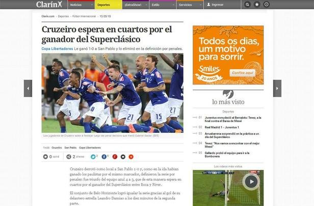 O Clarín também noticiou a vitória do Cruzeiro, que aguarda Boca ou River