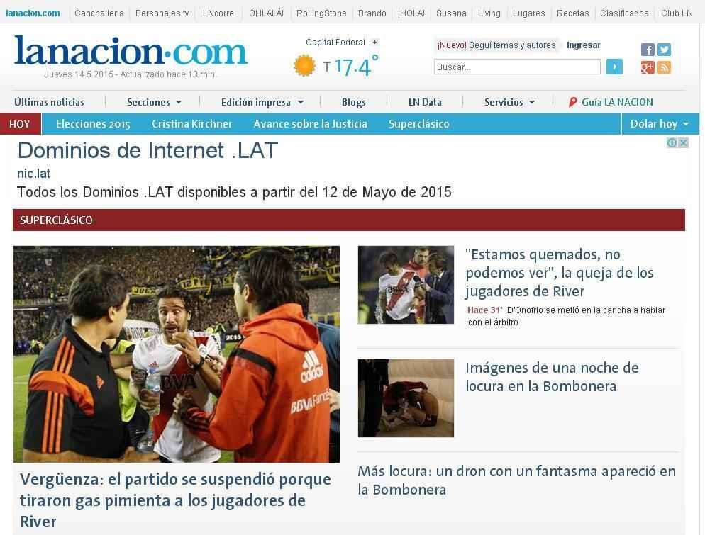 'Vergonha: a partida foi suspensa porque atiraram gs de pimenta nos jogadores do River', mancheta o La Nacin