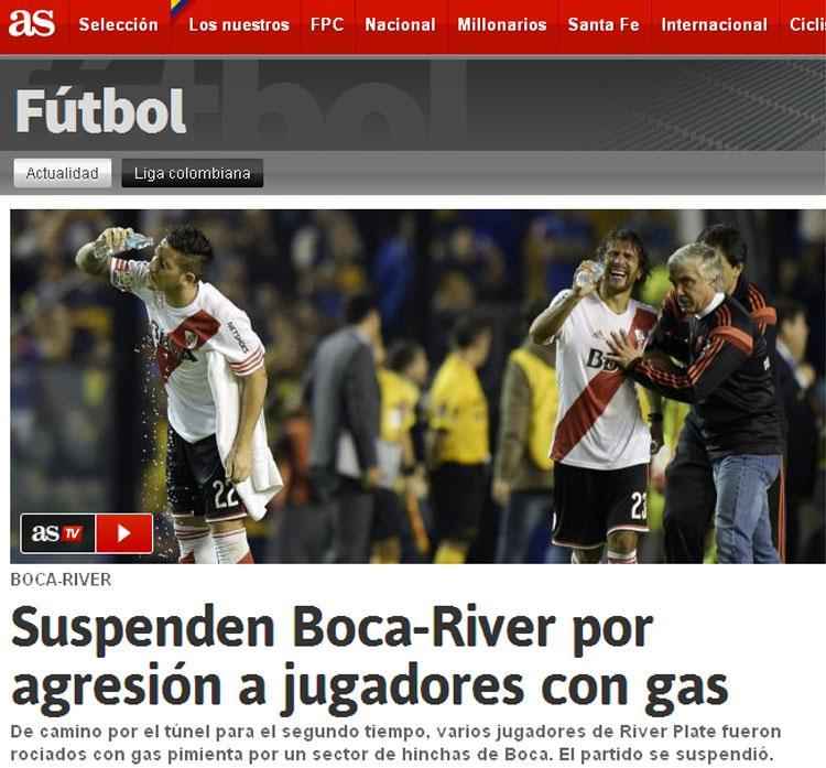 s, da Espanha: Boca e River suspenso por agresso a jogadores com gs. No caminho atravs do tnel para o segundo tempo, vrios jogadores River Plate foram atacados pela torcida do Boca Juniors