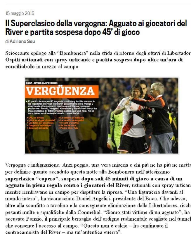 Gazzetta dello Sport, da Itlia: O Superclssico da vergonha. Desfecho chocante na Bombonera na segunda partida eliminatria da Libertadores