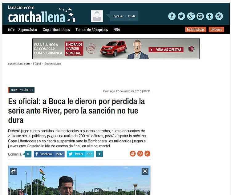 Com vis analtico, o 'La Nacin' sacramentou que sano ao boca no foi dura