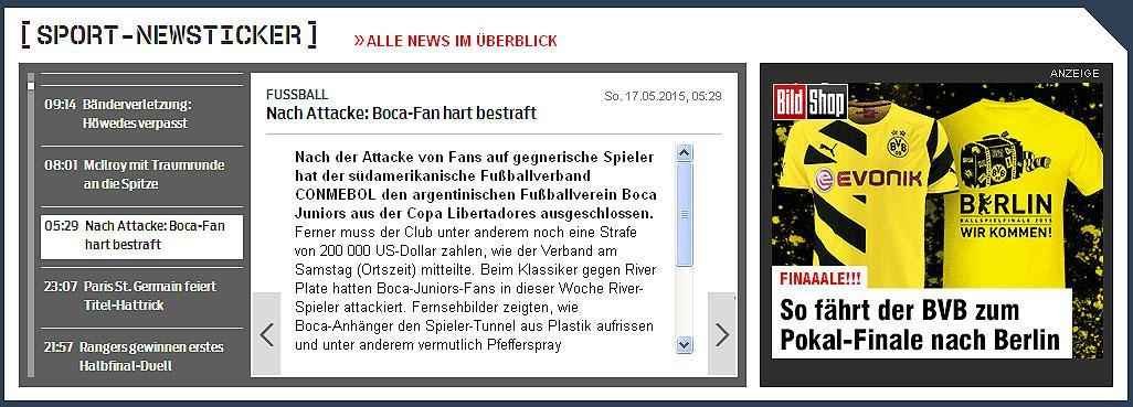 O alemo 'Bild' deu pequeno espao em seu site para informar sano da Conmebol ao Boca Juniors