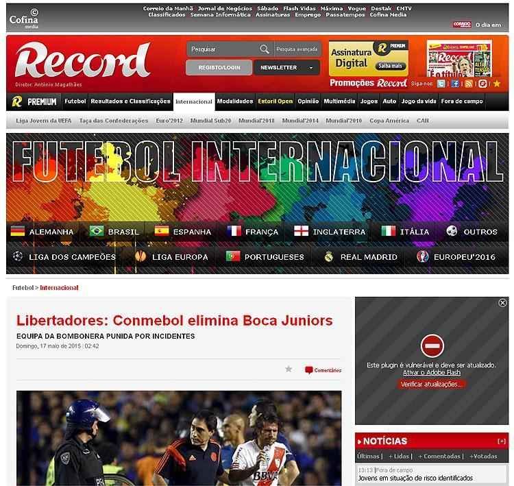Em Portugal, o 'Record' informou em sua capa que o Boca Juniors est eliminado da Libertadores