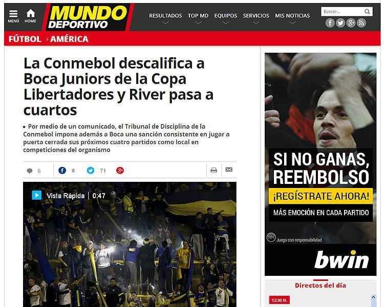 O espanhol 'Mundo Deportivo' noticiou que o Tribunal de Disciplina da Conmebol imps 'sano consistente'