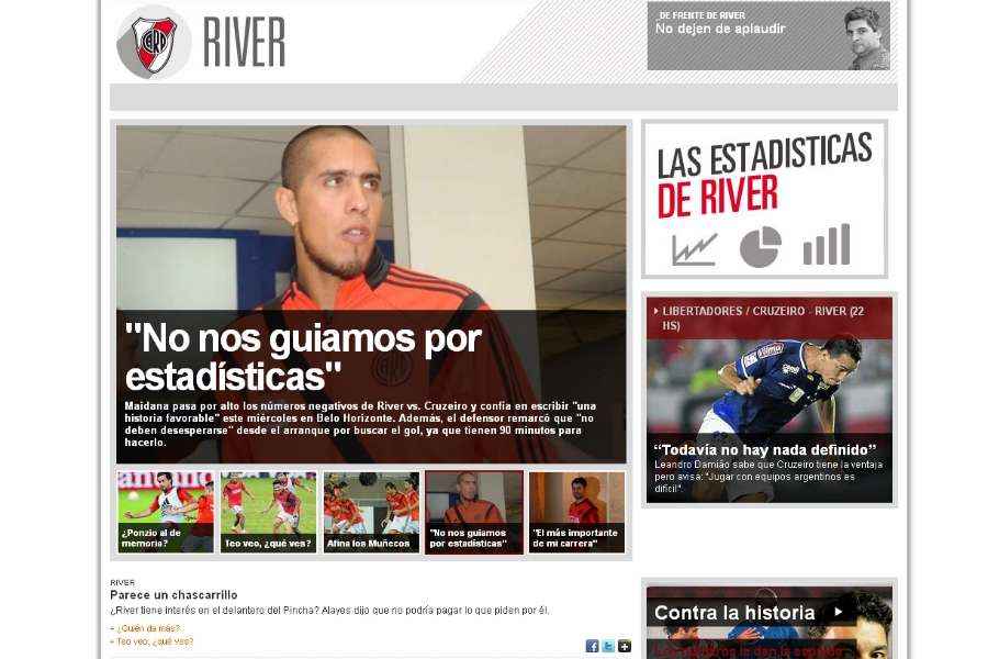 'No nos guiamos por estatsticas', diz Maidana em entrevista ao Ole. 'River busca escrever uma histria positiva contra Cruzeiro', destaca o peridico 