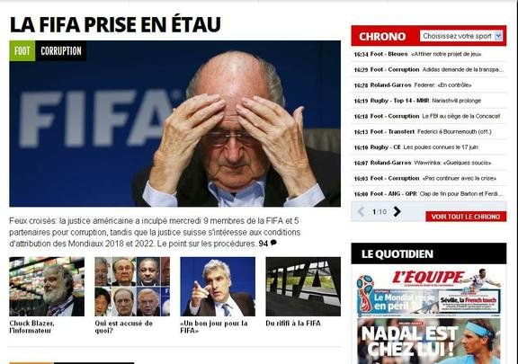 L'Equipe (Frana) - Tribunal dos EUA indiciou 9 membros da FIFA e 5 parceiros por corrupo
