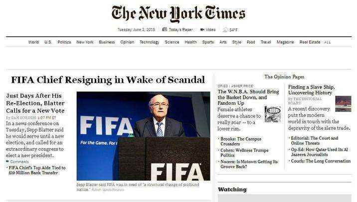New York Times - Presidente da Fifa renuncia em meio a escndalo - Poucos dias depois de sua reeleio , Blatter apela a uma nova votao
