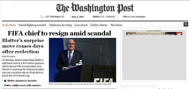 Washington Post - Presidente da Fifa renuncia em meio a escndalo: deciso surpreendente de Blatter vem dias aps reeleio
