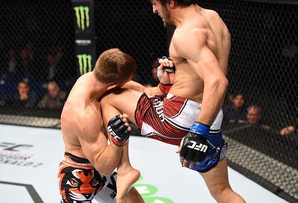 Magomed Mustafaev venceu Piotr Hallmann por nocaute tcnico no segundo round. Polons sofreu um corte profundo prximo do olho e foi impedido pelo mdico de continuar no combate