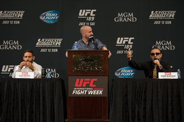 Imagens da coletiva pr-lutas do UFC 189, em Las Vegas - Coletiva com Mendes e McGregor