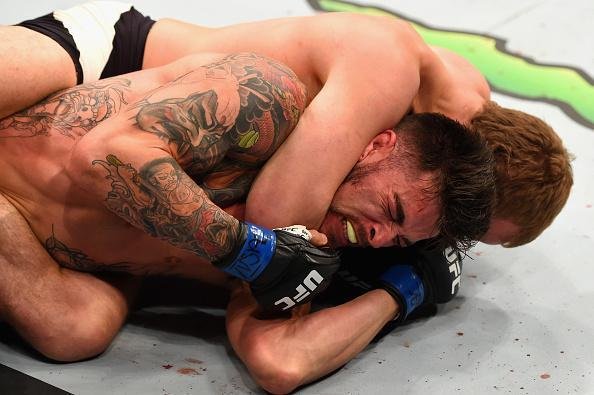 Gunnar Nelson (luvas vermelhas) venceu Brandon Thatch por finalizao no primeiro round