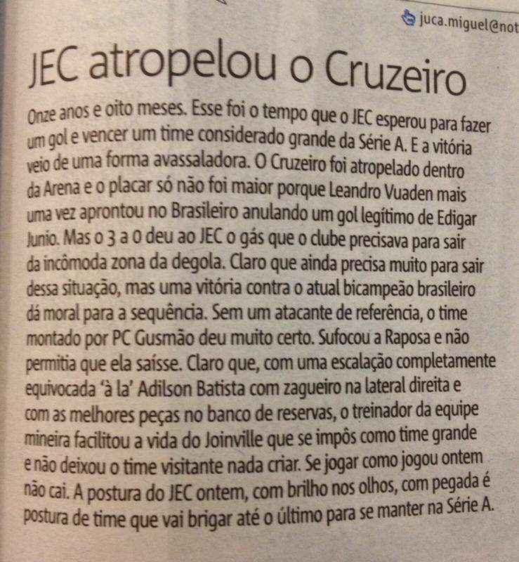 Jornal de Joinville critica Adlson e Luxa aps goleada sofrida pelo Cruzeiro