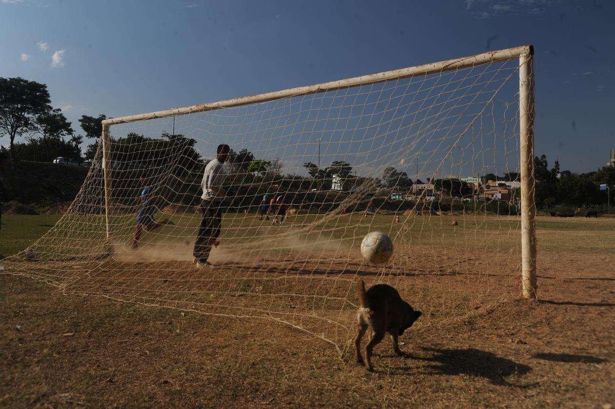 Cachorro observa bola morrer no fundo das redes do Matadouro