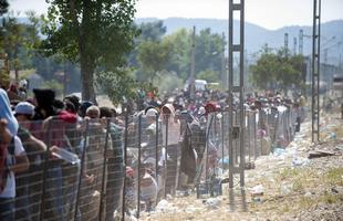 Refugiados atravessam a fronteira entre Macednia e Grcia, em busca de asilo nos pases europeus