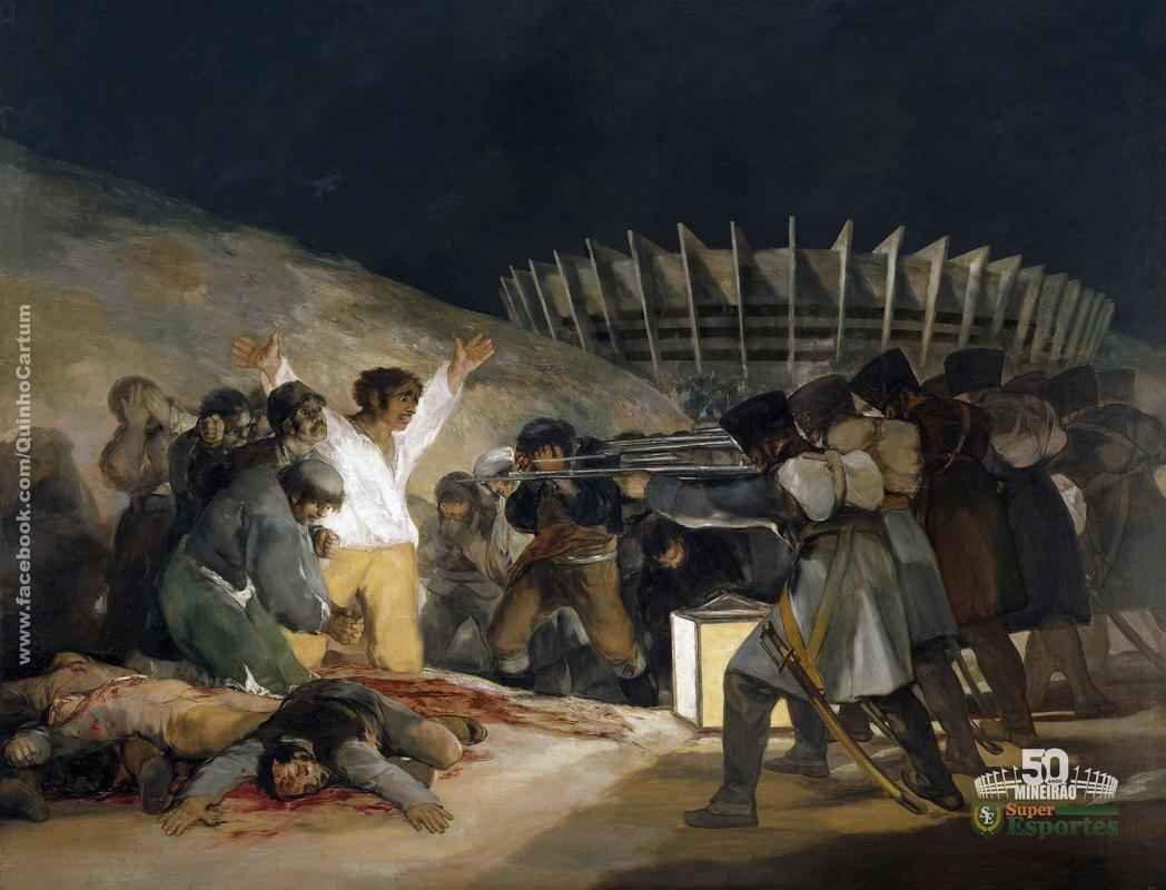 Obra 'O três de maio de 1808', de Goya, com um dramático Mineirão ao fundo