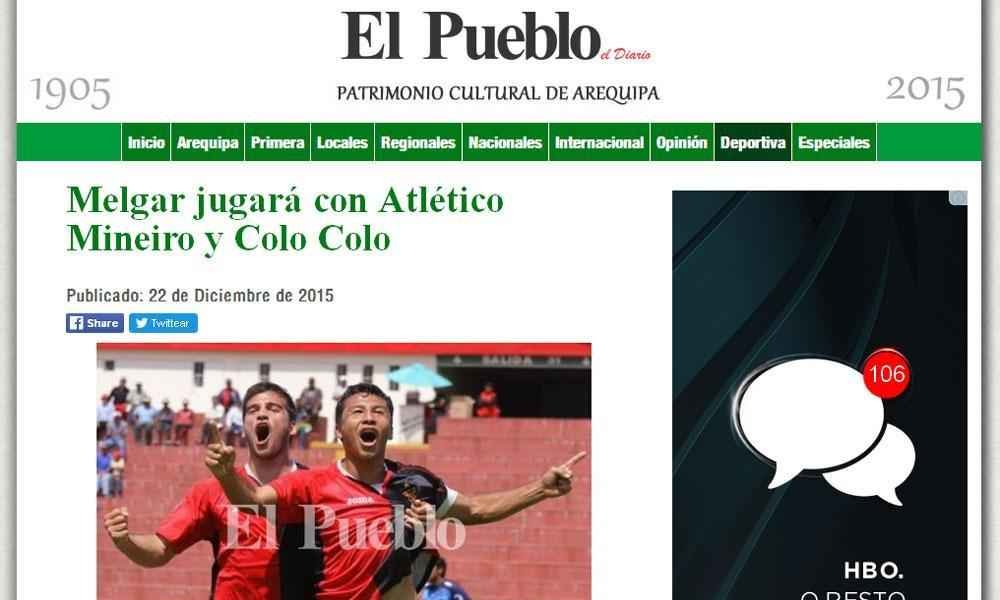 O jornal da cidade de Arequipa, no interior do Peru, onde o Melgar tem sua sede, destaca apenas a definio do grupo da equipe. 'Melgar jogar com Atltico Mineiro e Colo Colo'
