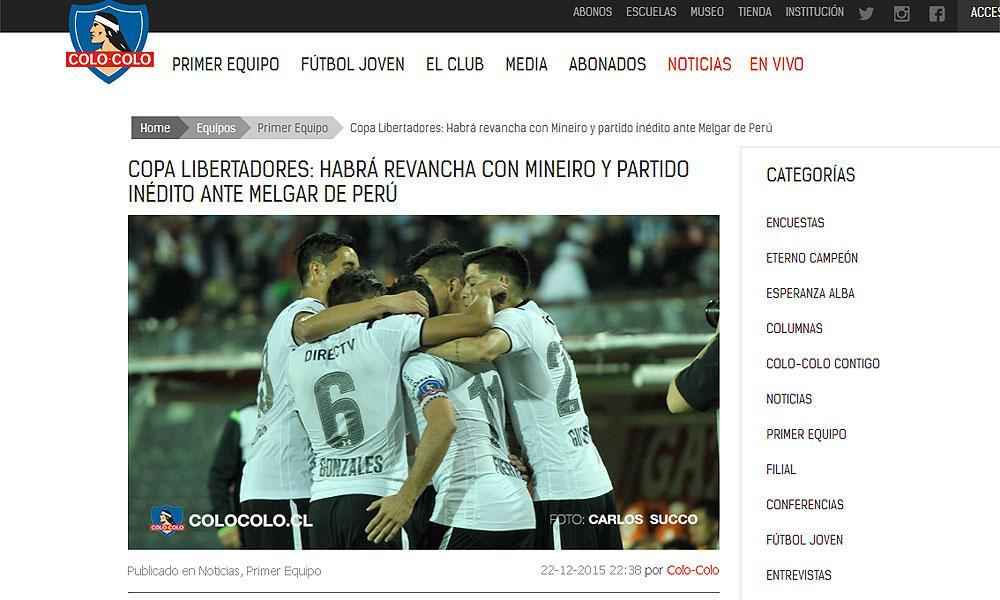 'Haver revanche com o Mineiro'  a manchete do site oficial do Colo Colo. Na edio de 2015, o Galo venceu por 2 a 0 na rodada final da fase de grupos. A vitria classificou o Atltico s oitavas de final e eliminou os chilenos.