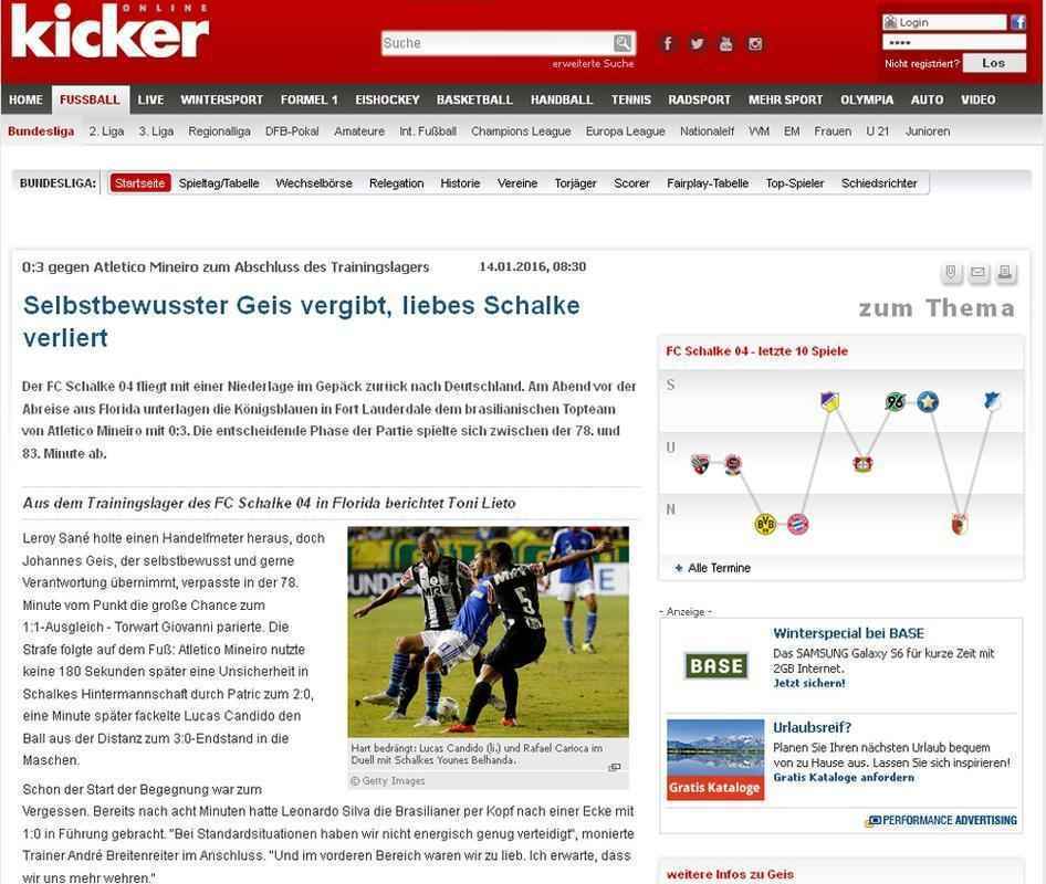 Segundo a revista Kicker, o clube alemo perdeu para uma equipe 'Top' do futebol brasileiro. A publicao ainda destacou a fora do Atltico no confronto.